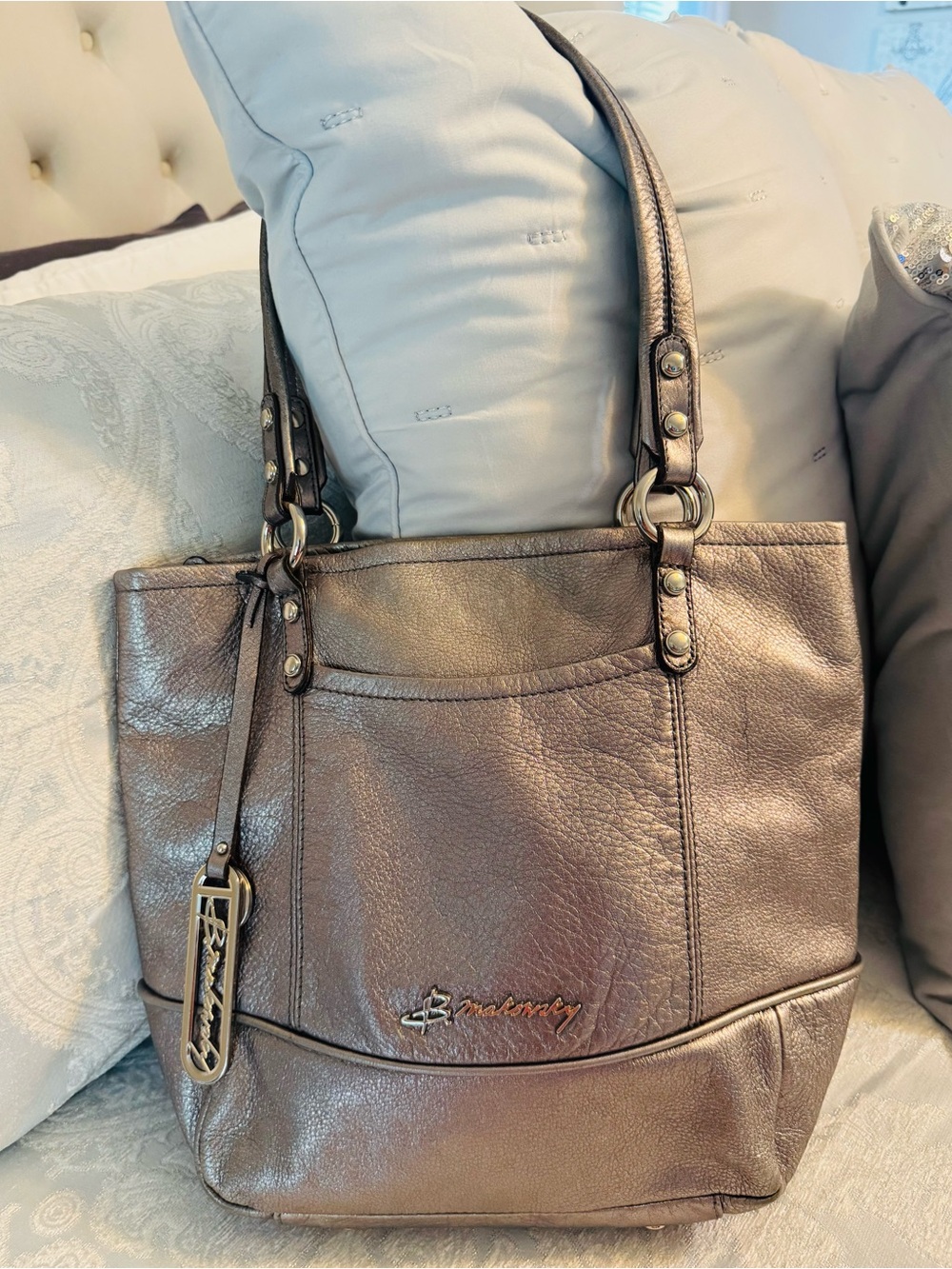 b. makowsky Metallic Silver Leather Shoulder Tote